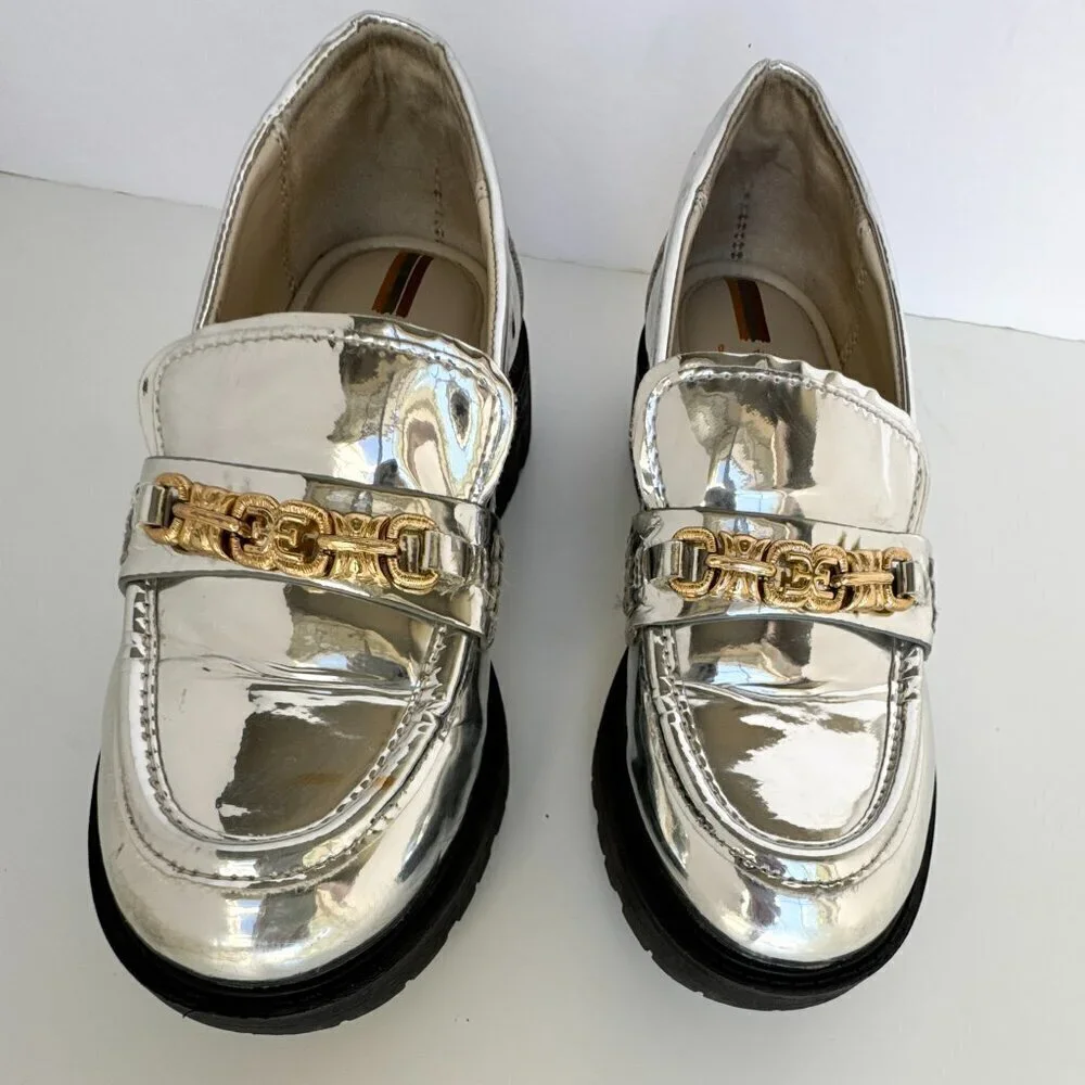 Sam Edelman Kids' Teo Platform Silver Metallic Loafer Lug Girls Size 13